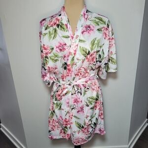 Show Me Your Mumu One Size Floral Rose Robe Kimono Bridal White Pink